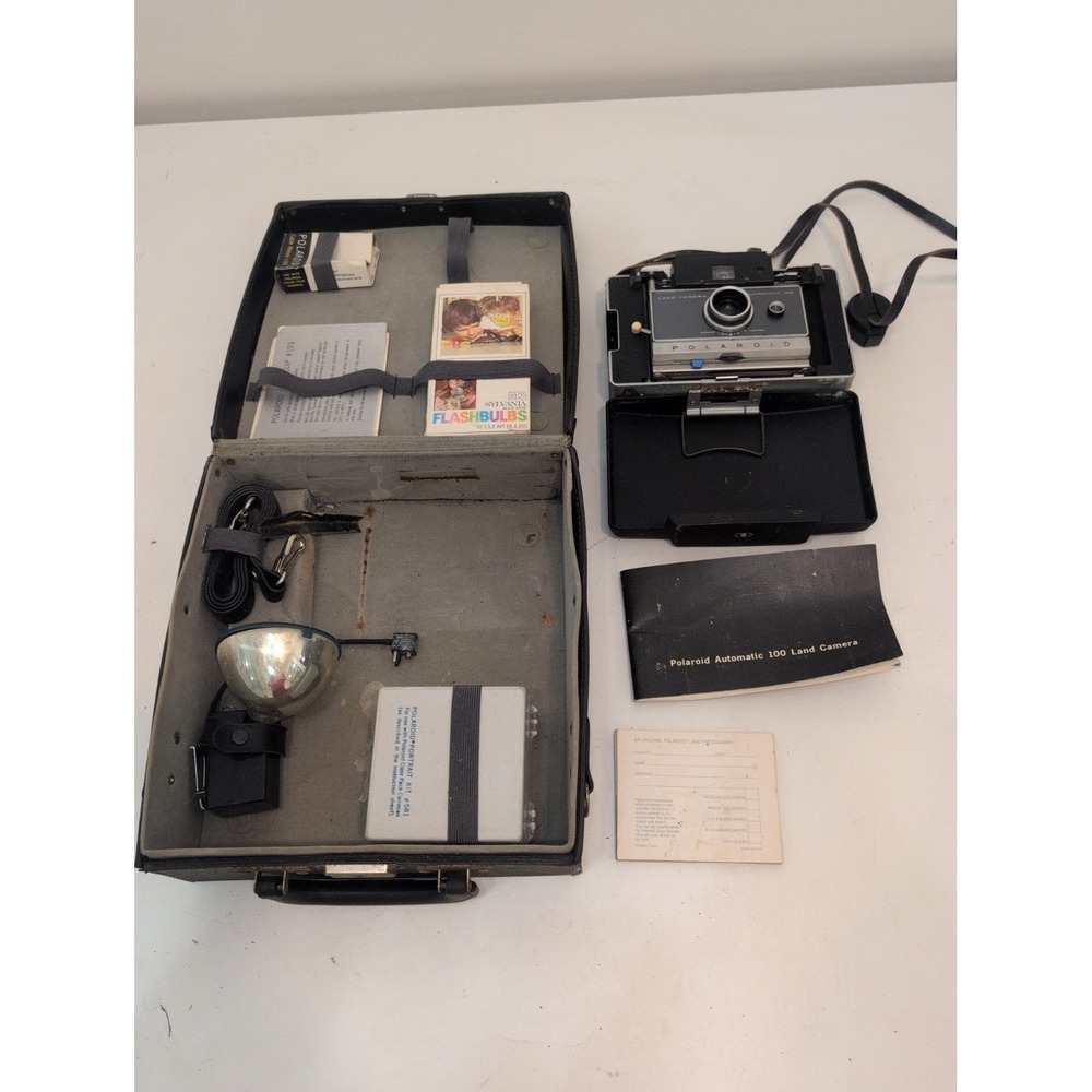 Vintage Polaroid Land Camera Model 100 w/ Original Strap And Case Flash & More